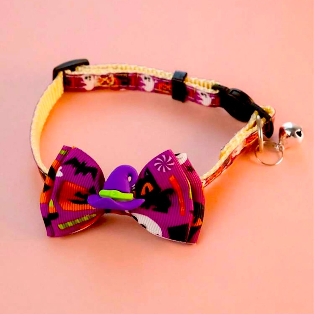 Halloween witch hat bow bell cat/dog collar